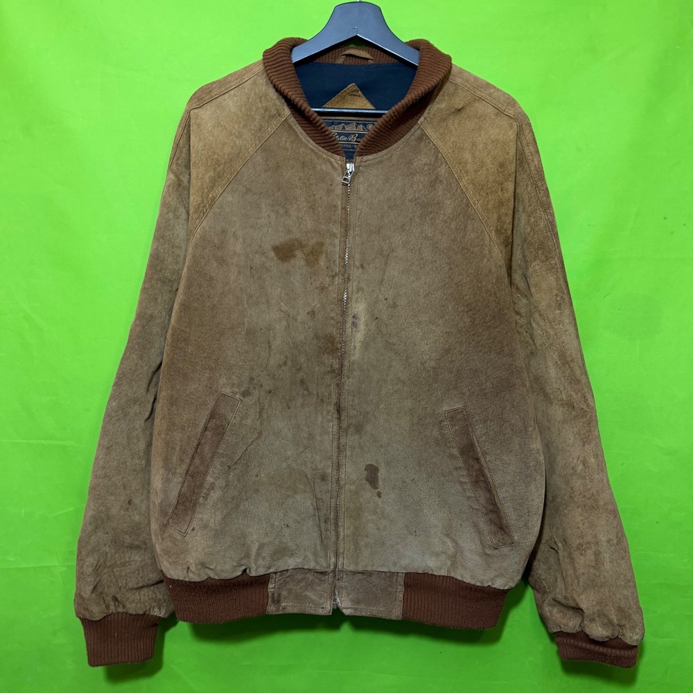 Eddie Bauer Vintage Suede Leather Bomber Jacket 80s Large Brown Full Zip Tan